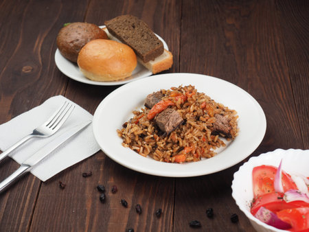 Rice with vegetables and meat, traditional Uzbek plov