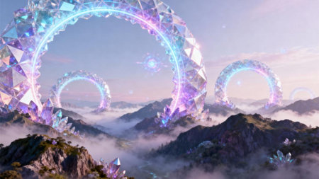 3D rendering of a fantasy landscape with mountains and clouds in the backgroundの素材