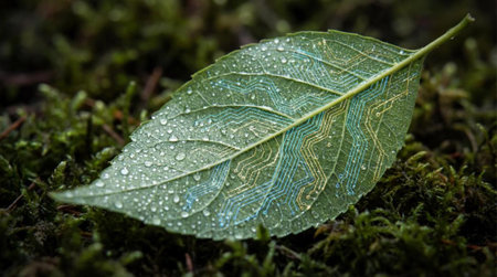Macro image of a green leaf with dew drops on itの素材