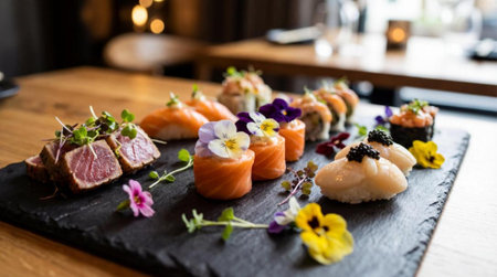 Japanese food restaurant - Set of sushi and rolls decorated with edible flowersの素材