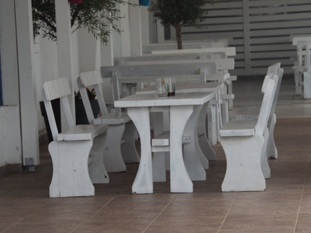 White table and chairs in the cafe on the terrace of the restaurantの写真素材
