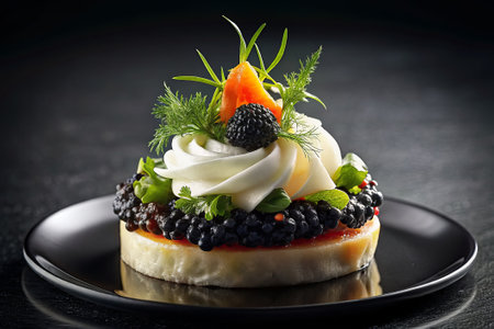 Delicious tartlet with black caviar and cream on black backgroundの素材