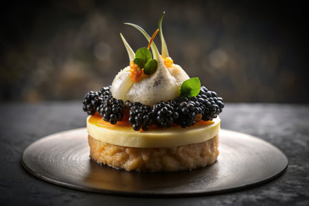 Delicious tartlet with black caviar on dark background, closeupの素材