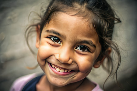 Portrait of a smiling little girl with her eyes closed on the streetの素材