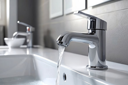 Modern faucet with running water in bathroom, closeup viewの素材