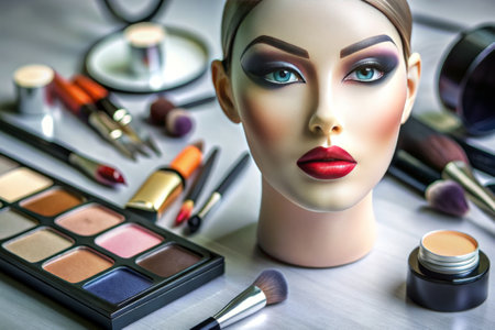 Mannequin doll face with make-up brushes and cosmetic productsの素材