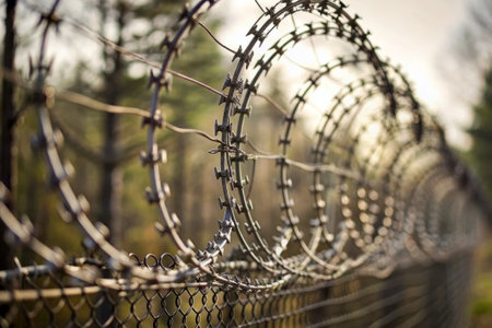 Fence with barbed wire against the background of the forest.の素材
