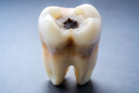 Tooth with caries and caries on a metal background.の素材