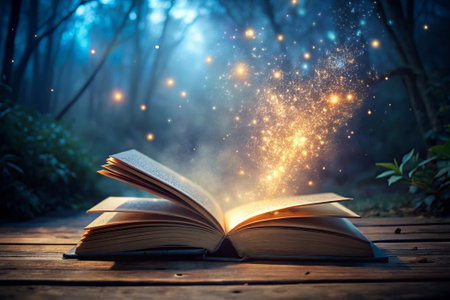 Open book with magic light on a wooden table in the forest.の素材