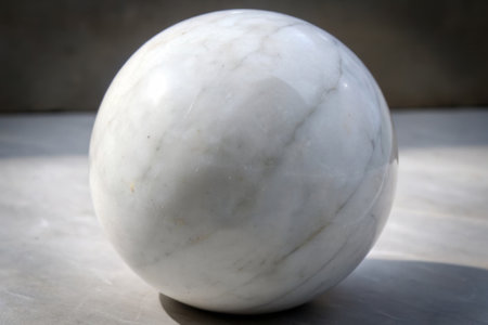 White marble ball on a table in a room with a concrete wallの素材