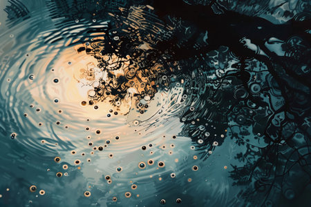abstract background of water drops on the surface of the water with reflectionの素材