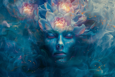 Mysterious blue woman with a flower in her hair on a dark backgroundの素材