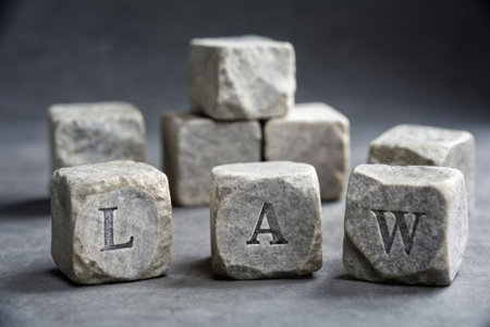 Alphabet made of stone cubes on gray background. Conceptual image.の素材