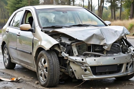 Broken car on the road after an accident. Insurance concept.の素材