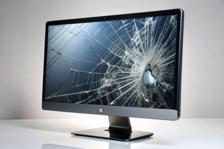 Broken computer monitor with broken screen on white table. Isolated on white backgroundの素材