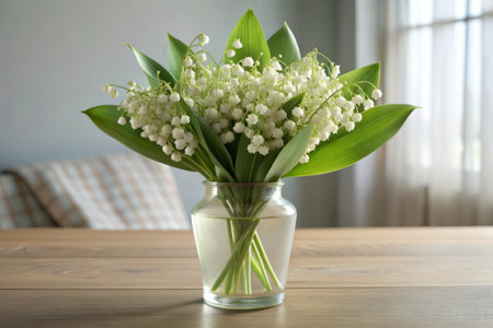 Bouquet of lilies of the valley in vase on wooden tableの素材