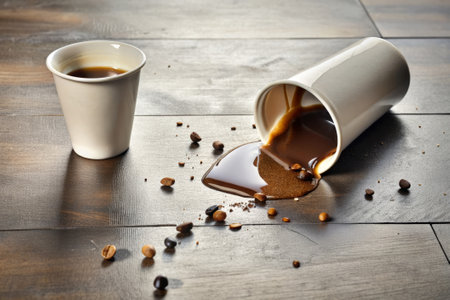 Coffee in a paper cup on a wooden table background.の素材