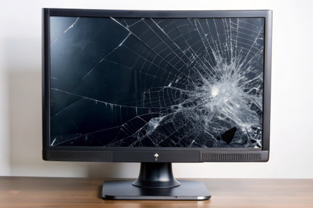 Broken screen TV on wooden table and white wall background, close upの素材