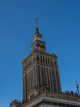 Majestic Palace of Culture and Science Tower Rising Against Clear Blue Sky in Warsaw