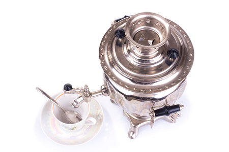 Traditional russian tea kettle - samovar and teacup  Upper view の写真素材