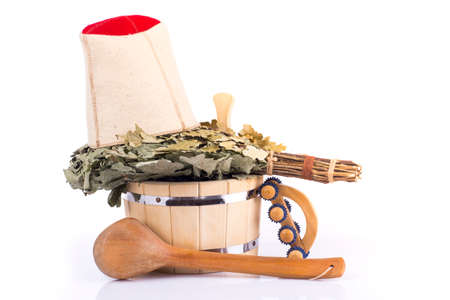 Sauna accessories: tub, broom, massager, ladle, capの写真素材