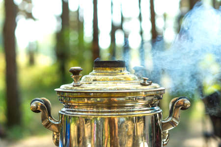 Close up of smoking russian samovar without tubeの写真素材