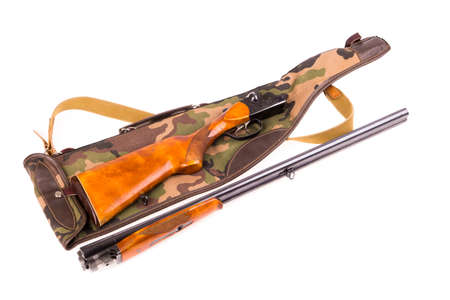 Disassembled hunting rifle and case isolatedの写真素材