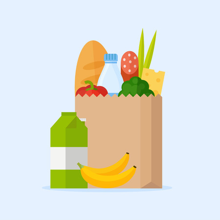 Paper bag with fresh food. Market bag full of products. Shopping bag with natural food. Concept shopping in a market. Grocery bag with vegetables and fruits. Shopping at the grocery store.のイラスト素材