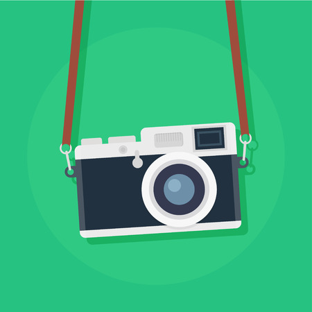 Retro camera in a flat style. Vintage camera on a colored background. Old camera with strap. Isolated antique Camera. Hung retro camera. Retro Camera straps.のイラスト素材