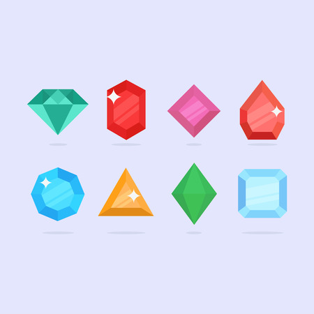 Diamonds vector illustration. Diamond shapes in a flat style. Diamond stones on a colored background. Set diamonds isolated. Collection of diamonds icons.のイラスト素材