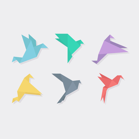 Origami bird in a flat style. Origami bird vector illustration. Origami birds vector set. Origami birds flying.  Paper birds origami. Silhouettes of birds from paper. Origami birds abstract.のイラスト素材