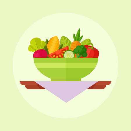 Salad vector illustration. Salad isolated on a colored background. Salad bowl in flat style. Concept fresh, natural, healthy food. Vegetable salad in a plate. Flat icon salad.のイラスト素材