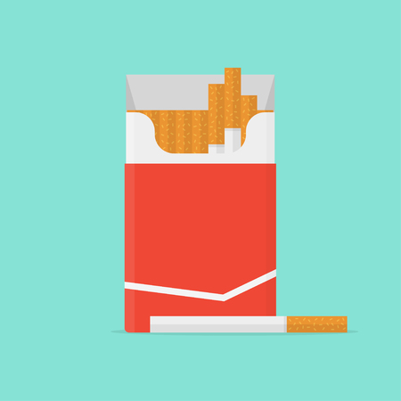 Cigarette pack in flat style. Cigarette isolated. Cigarette box on color background. Cigarette icon. Cigarette vector illustration. Open cigarettes pack.のイラスト素材