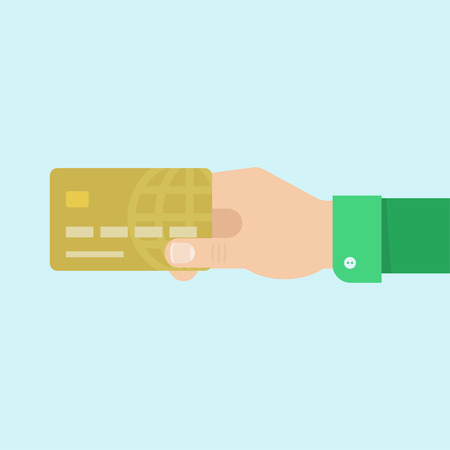 Hand with card. Hand holding card vector illustration. Credit card in hand. Giving credit card in flat style. Hand holding credit card. Man's hand keeps bank card.のイラスト素材