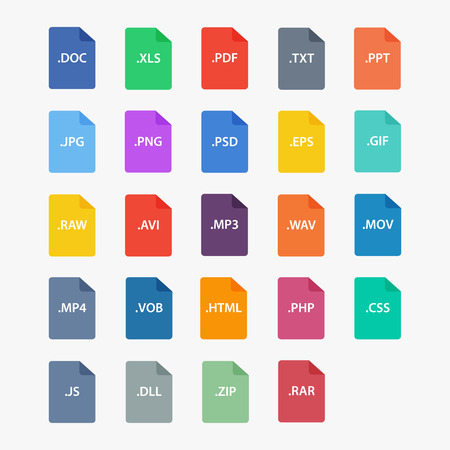 File type icon.  File extensions vector illustration. File type in flat style. Document types. File type symbol. File formats sign. Popular file type. File icons isolated. File type image.のイラスト素材