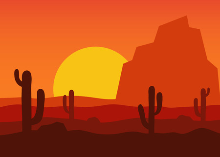 Western desert landscape at sunset illustration. The background desert area with silhouettes of cacti, mountains and sand stones.のイラスト素材