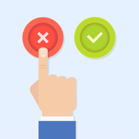 Yes or no illustration in flat style. Men's hand reaches for the right and wrong buttons. Colored buttons with a cross and tick.のイラスト素材
