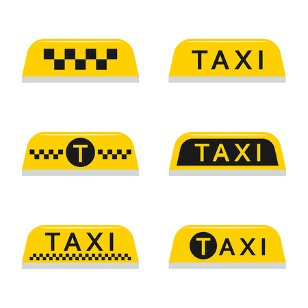 Taxi light sign set isolated from the background in a flat style. Yellow taxi checkered lamp and text for car roof.のイラスト素材