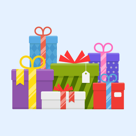 A pile of gifts with ribbons and bows illustration. Heap wrapped gifts in colorful packaging in flat style. Many beautiful presents.のイラスト素材