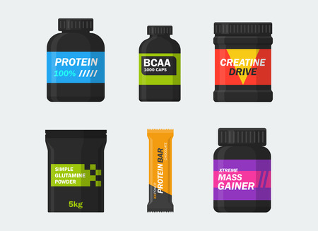 Sports nutrition and supplements set isolated from the background. Icons protein, BCAA, creatine, glutamine, gainer and protein bars in a flat style. Symbols bodybuilding.のイラスト素材