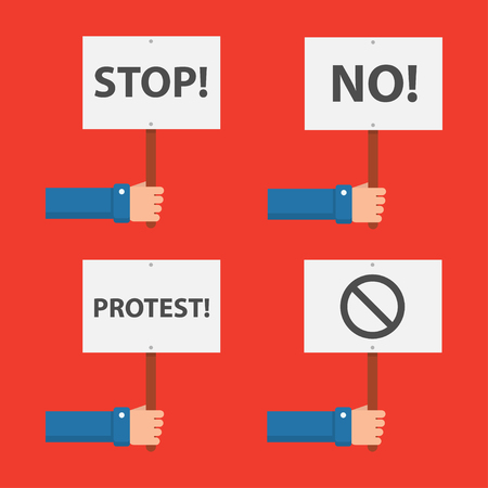 Hand holds a sign of protest vector set in a flat style. Concept demonstration, protest, rally, riot or revolution. Hands holding posters with inscriptions stop and no.のイラスト素材