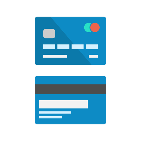 Debit card vector set isolated from background. The front and back side of an ATM card in a flat style. Simple design icons blue bank credit card.のイラスト素材