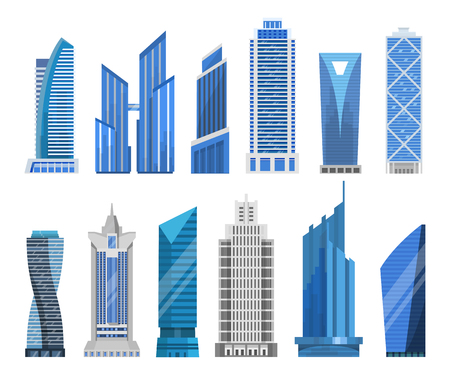 Modern skyscrapers in a flat style. High-rise or tower office buildings vector set. Isolated business buildings for a cityscape.のイラスト素材