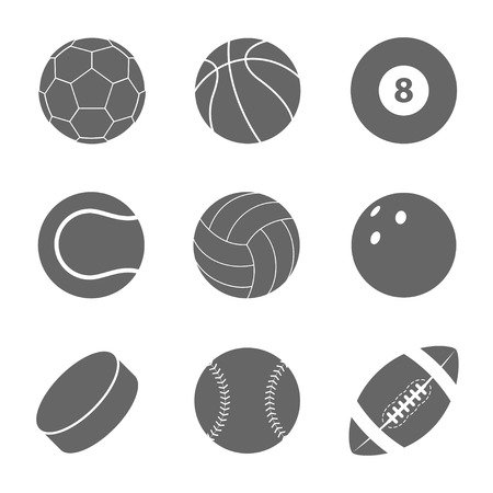 Sports balls set. Silhouettes of balls for playing football, basketball, baseball, volleyball, etc. Black icons of sports equipment.のイラスト素材