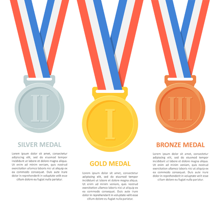 Medals vector set on white background. Poster or infographic with gold, silver and bronze medals. Award medals on ribbons for the first, second and third places in a flat style.のイラスト素材