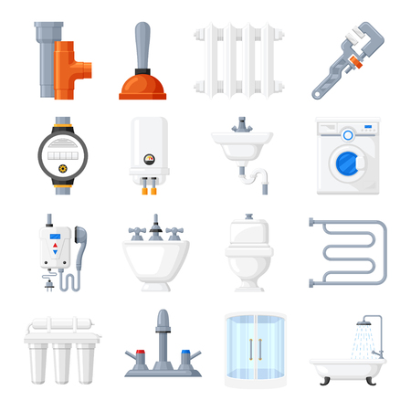 Plumbing equipment and tools vector icons. Plumbing for a bath, toilet or kitchen on a white background. Home electrical heating plumbing in flat style.のイラスト素材