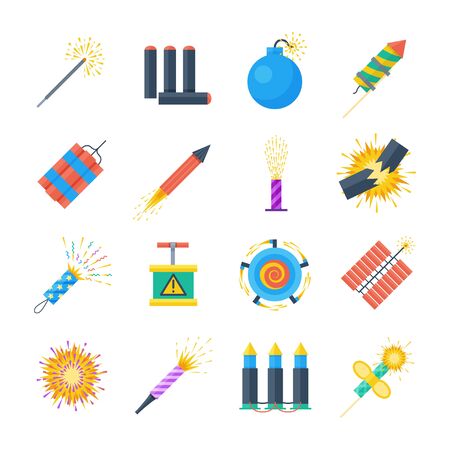 Pyrotechnics vector set of icons in a flat style. Festival petards, fireworks, crackers, sparklers on a white background. Holiday pyrotechnic explosions and claps.のイラスト素材
