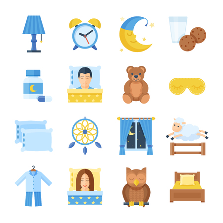 Sleep time vector set of icons in a flat style. Sleep accessories pajamas, mask, pillows, bed, sleeping pills, alarm clock, mask. Sleeping man and woman icons.のイラスト素材