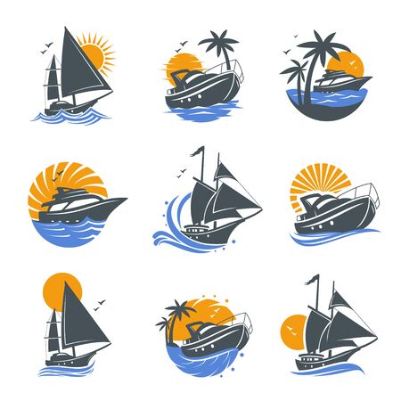 Set of yacht icons with waves and sun on a white background. The template for the logo of the yacht club, sailing or yacht race. Vector illustration of sea or water transport.のイラスト素材