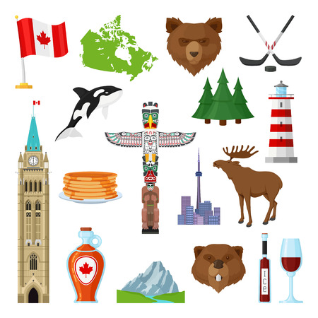 National symbols of Canada, official representation of the country and people, places, traditions and culture education. Vector flat style illustration isolated on white backgroundのイラスト素材